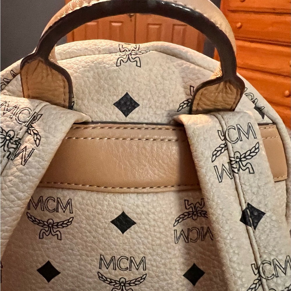 MCM Beige Visetos Silver and Gold Pyramid Studded Backpack with Dust Bag - Picture 10 of 16